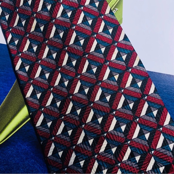 MARTIN WONG SILK TIE WITH ABSTRACT PRINT IN COLORFUL BURGUNDY GREEN GRAY WHITE - Picture 3 of 11